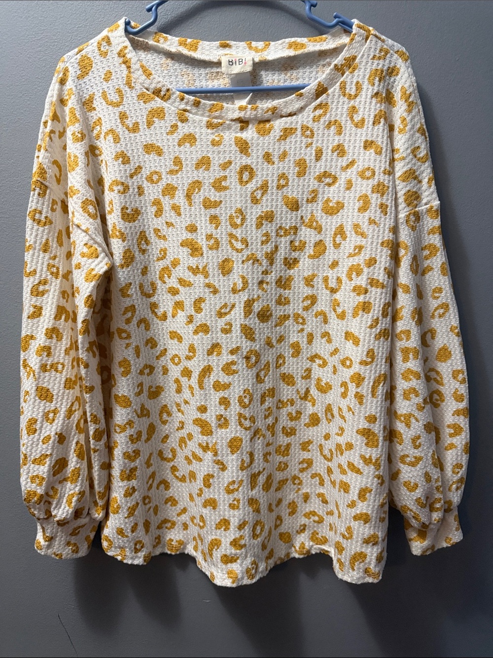 BiBi White Waffle Knit Top with Mustard Leopard Print
